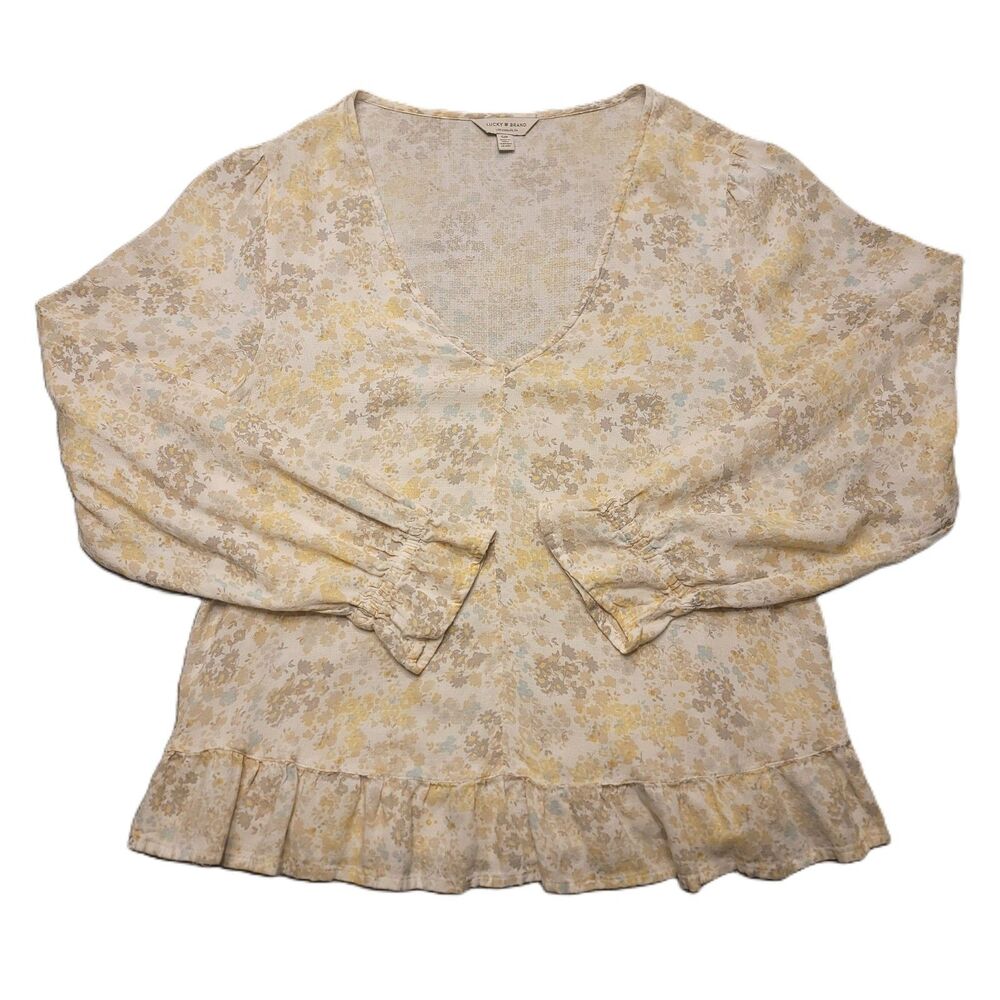 Lucky Brand Womens S  Top Floral Ruffled V Neck Long Sleeve Shirt